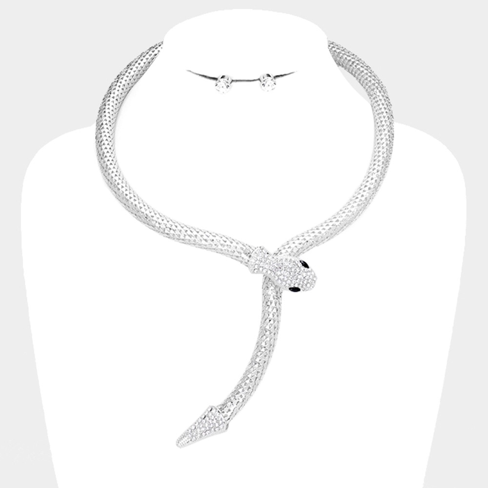 Silver Crystal Embellished Snake Collar Statement Necklace